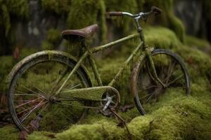 ai généré vieux abandonné rouillé vélo moussu croissance. produire ai photo