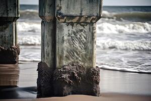 ai généré pont rocheux pilier sur mer plage. produire ai photo