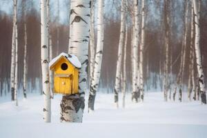 ai généré nichoir sur bouleau arbre neigeux forêt scène. produire ai photo