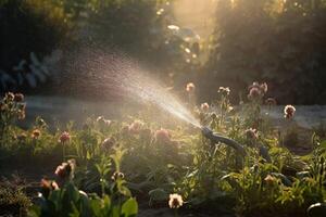 ai généré arrose jardin arrosage. produire ai photo