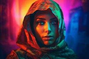 ai généré femme portrait contre Contexte de montagnes dans arabe hijab. produire ai photo