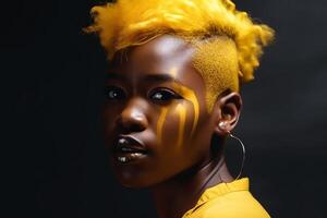 ai généré vogue afro femme avec Jaune coloré cheveux portrait. produire ai photo