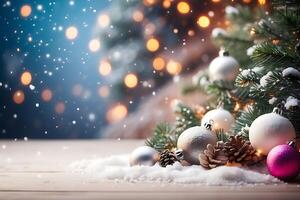 ai généré Noël, arbre, décoration, vacances, balle, fête, Noël, hiver, Noël arbre, année, bifurquer, cadeau, nouveau, neige, Nouveau année, vert, décembre, saison, étoile, joyeux, rouge photo