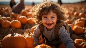 ai généré une joyeux européen garçon enfant pièces au milieu de coloré citrouilles sur une ferme pendant le l'automne récolte saison, Halloween ou action de grâces idée photo