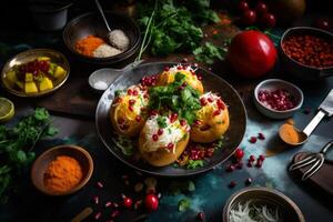 ai généré une magnifiquement ensemble à manger table avec délicieux nourriture et élégant ustensiles. une table surmonté avec boules de nourriture et ustensiles photo