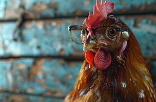 ai généré proche en haut photo de une coq portant lunettes. cette proche en haut photo capture une coq en toute confiance sportif une paire de lunettes.