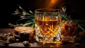 ai généré verre de foncé whisky sur le baril. une verre de whisky suivant à une pièce de gâteau photo