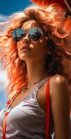 ai généré magnifique Jeune fille sur une tropical plage. une femme avec longue rouge cheveux et des lunettes de soleil photo