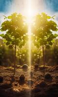 ai généré planteur plantation Nouveau des arbres dans le jardin. une petit arbre dans le milieu de une saleté champ photo