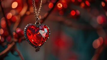 ai généré rouge pierre cœur pendentif, magnifiquement accentué avec diamants pour une luxueux touche, ai généré photo