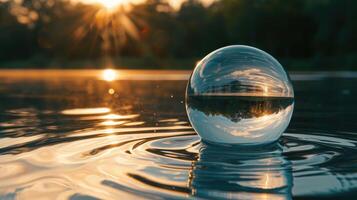 ai généré expérience le sérénité de une verre Balle prêt délicatement sur le calme des eaux, une moment de pur tranquillité. ai généré. photo