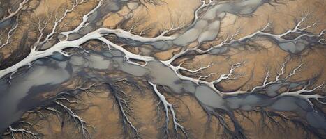 ai généré un aérien photographier capturer le complexe beauté de une glacial rivière delta dans Islande, avec nombreux sinueux branches et veines, ai généré. photo