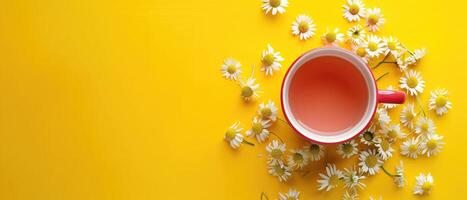 ai généré une savoureux camomille thé dans une rose tasse, ensemble contre une Jaune toile de fond, offre ample espace pour texte, ai généré. photo