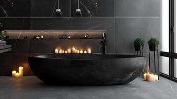 ai généré se prélasser dans une moderne salle de bains avec une élégant noir pierre une baignoire et le apaisant ambiance de chandelle. ai généré photo