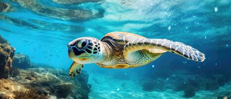 ai généré une vert mer tortue nage dans le bleu océan, ai généré photo