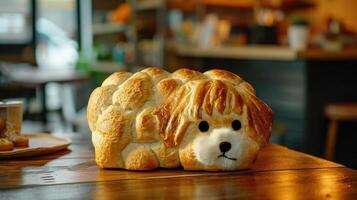 ai généré unique pain pain ressembler un chien repos sur une en bois tableau, ai généré photo