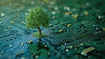 ai généré vert l'informatique représenté comme une arbre pousse à le convergence de une ordinateur circuit conseil, ai généré photo