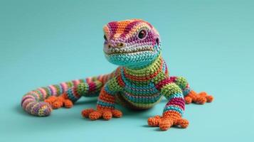 ai généré crocheté lézard jouet vibrant toile de fond, fabriqués à la main et adorable, ai généré photo