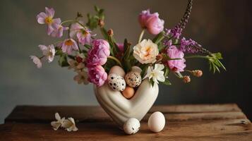 ai généré rempli de fleurs en forme de coeur vase avec œufs, une unique et charmant afficher, ai généré photo
