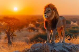 ai généré majestueux Lion des stands fièrement sur une rocheux affleurement, ses crinière flottant dans le vent, ai généré. photo