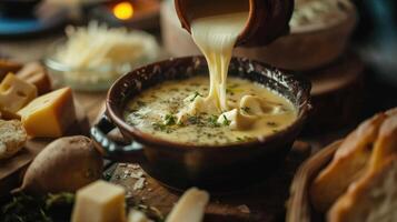 ai généré crémeux fromage étant versé dans une bol de soupe, valoriser ses richesse, ai généré photo