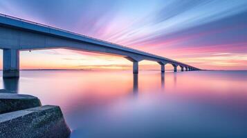 ai généré aarhus la baie lever du soleil des peintures une étourdissant image avec le infini pont, ai généré. photo