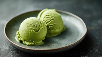 ai généré deux boules de matcha vert thé la glace crème élégamment présenté sur une plaque, ai généré. photo