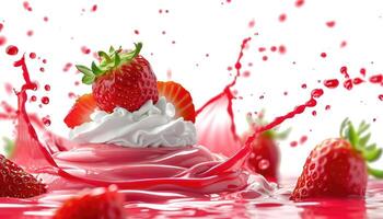ai généré isolé Contexte avec flottant yaourt tourbillon orné avec vibrant des fraises. ai généré photo