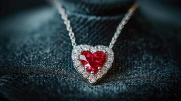 ai généré élégant en forme de coeur diamant Collier avec une frappant rouge pierre à ses centre, ai généré photo