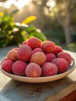 ai généré exotique litchi, avec une rugueux, rose rougeâtre coquille et juteux, sucré interne chair, ai généré. photo