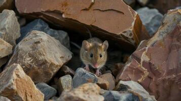 ai généré petit Souris est assis un haut une pile de rochers, capturé dans une oeil de poisson tir, ai généré. photo