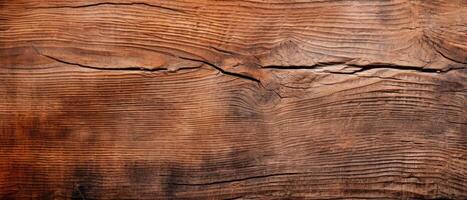 ai généré captivant fermer mettant en valeur le texture de une marron rustique en bois table avec charmant fissures, idéal pour création une rustique et ancien ambiance, ai généré. photo