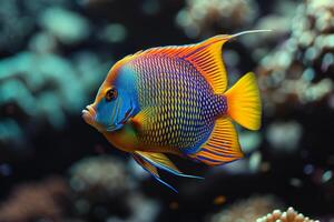 ai généré vibrant poisson ange glisse gracieusement par le eau, ses coloré palmes traînant derrière, ai généré. photo