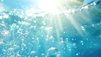 ai généré l'été fraîcheur capturé dans bulles dansant sur ensoleillé l'eau contre une bleu ciel. ai généré photo