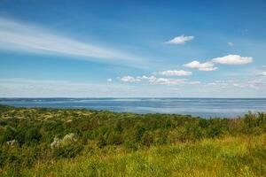 magnifique Prairie sur le collines avec herbe et fleurs contre le Contexte de le mer et le ciel photo