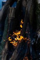 magnifique Feu flammes sur une feu de camp photo