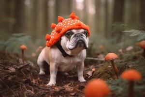 ai généré bouledogue dans champignon costume. produire ai photo