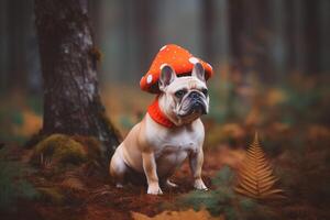 ai généré français bouledogue portant rouge champignon costume. produire ai photo