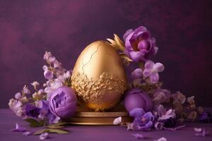 ai généré d'or Oeuf avec violet fleurs décoration. produire ai photo