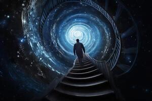 ai généré homme en marchant en haut spirale escaliers espace galaxie. produire ai photo
