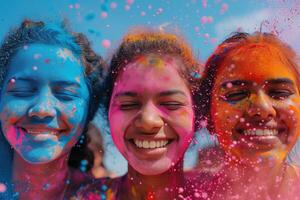 ai généré coloré arc en ciel Indien gens célébrer Holi Festival photo