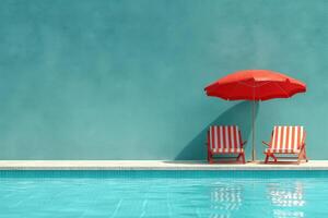 ai généré plage plate-forme chaises et parapluie ensemble sur lumière Contexte photo