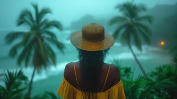 ai généré femme avec sa retour dans magnifique tropiques dans le pluvieux temps photo