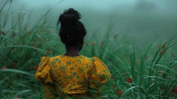 ai généré femme avec sa retour dans magnifique tropiques dans le pluvieux temps photo