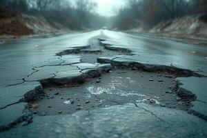 ai généré route fissure dans le route et voiture en mouvement sur asphalte surface photo