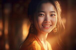 ai généré brillant souriant chinois fille. produire ai photo