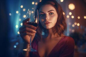 ai généré fille à banquet avec du vin verre. produire ai photo