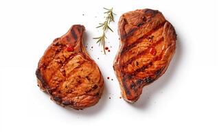 ai généré grillé porc ou du boeuf steaks avec Chili isolé sur blanc Contexte photo