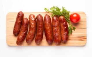 ai généré savoureux la bonté saucisses isolé sur blanc Contexte photo