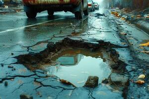 ai généré route fissure dans le route et voiture en mouvement sur asphalte surface photo